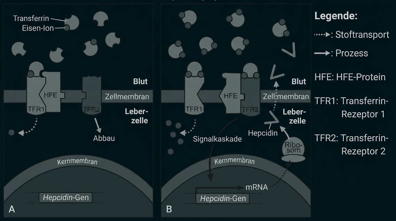 Schematische Zwei-Panel-Grafik zu Transferrin, TFR1/TFR2, HFE und Hepcidin in Leberzellen.